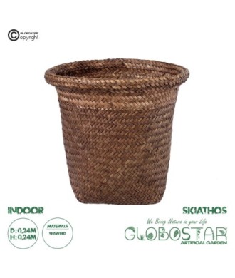 GloboStar® Artificial Garden SKIATHOS 20345 Διακοσμητικό Ψάθινο Καλάθι - Κασπώ Γλάστρα - Flower Pot Καφέ Φ24cm x Υ24cm